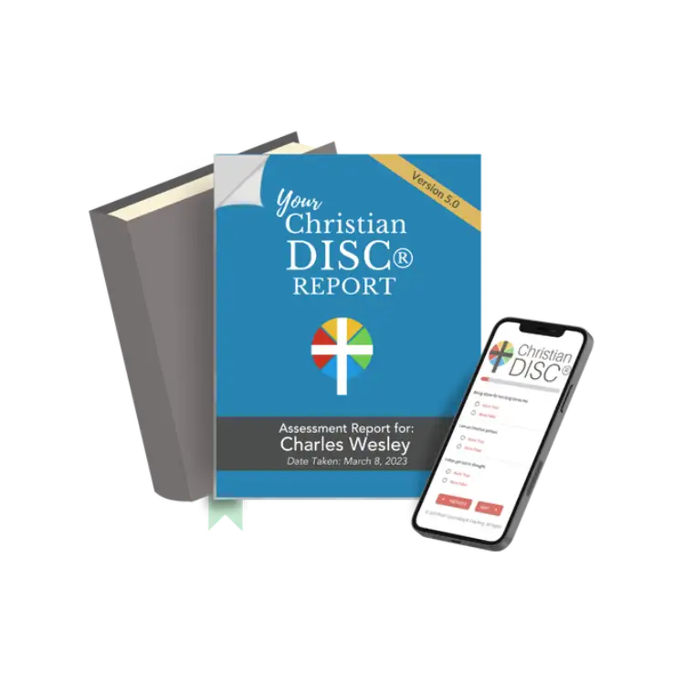 Blue christian disc® report book with a colorful cross logo and gray cover, displayed alongside its digital version on a smartphone screen.