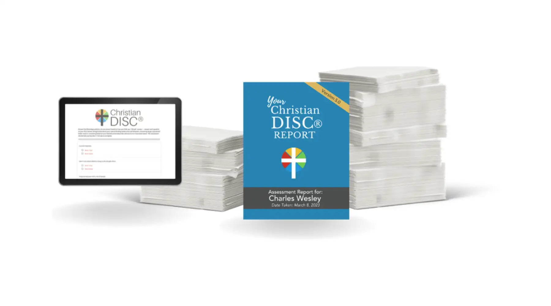 Blue christian disc® report booklet with a colorful cross logo and black text on the cover.