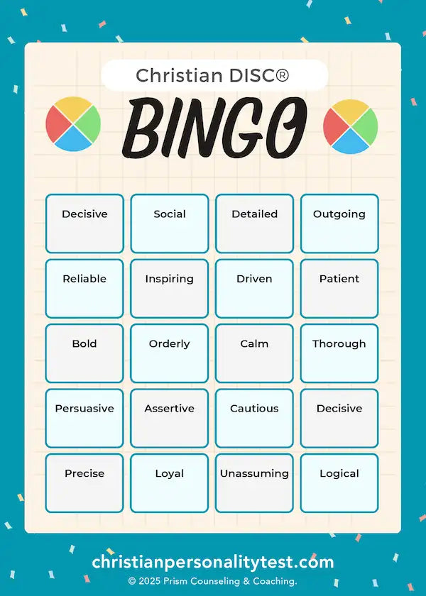 Christian disc® bingo card with a grid of personality traits like ’decisive,’ ’social,’ and ’logical’ printed in black text on light blue squares against an off-white background, framed by colorful confetti.