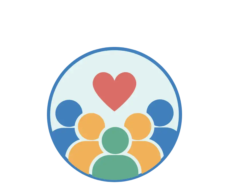 Circular icon featuring a red heart above stylized figures in blue, orange, and green.