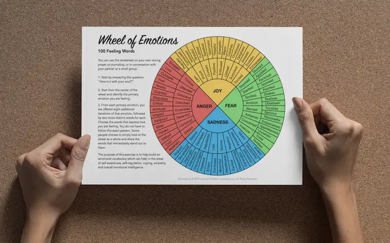 Colorful circular ’wheel of emotions’ worksheet with segmented sections for joy, anger, fear, and sadness.