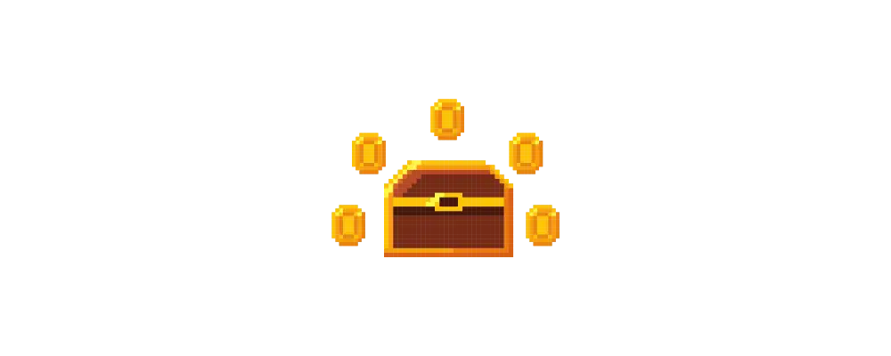 Golden pixelated treasure chest surrounded by five glowing coins.