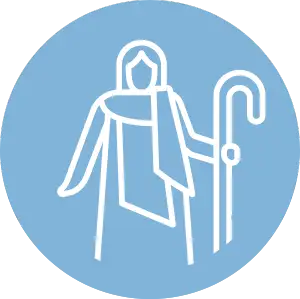 A minimalist white line drawing of a figure in robes holding a staff, set against a solid light blue circular background.