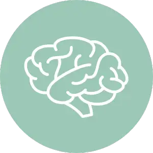 A minimalist white line drawing of a human brain on a solid light teal circular background.