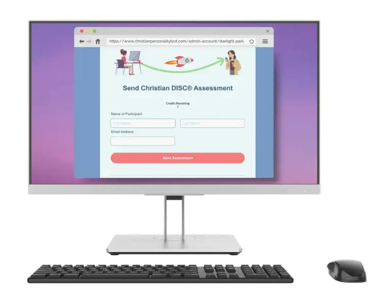 Silver-framed monitor displaying a christian disc® assessment webpage with input fields for participant details and a red ’send assessment’ button.