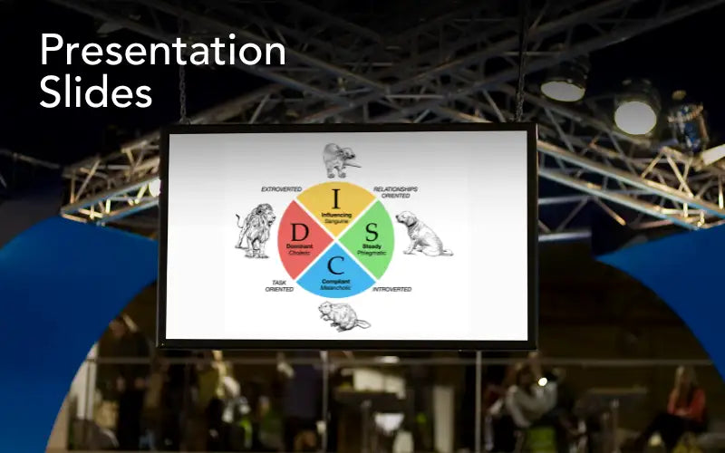 A sleek black-framed presentation screen displaying a colorful myers-briggs personality type diagram with animal illustrations and text.