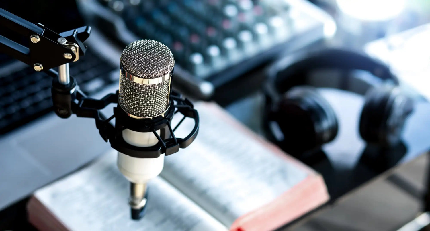 A sleek, silver mesh-capped condenser microphone mounted on a black shock mount.