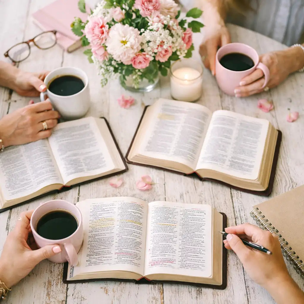 Three open, leather-bound bibles with highlighted text lie on a wooden table.