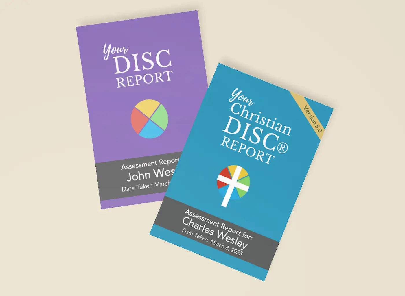 Two colorful printed reports, one purple and one blue, both labeled ’your christian disc® report’ with a circular graphic featuring four colored segments.