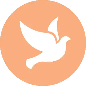 A white dove icon set against a solid peach-colored circular background.