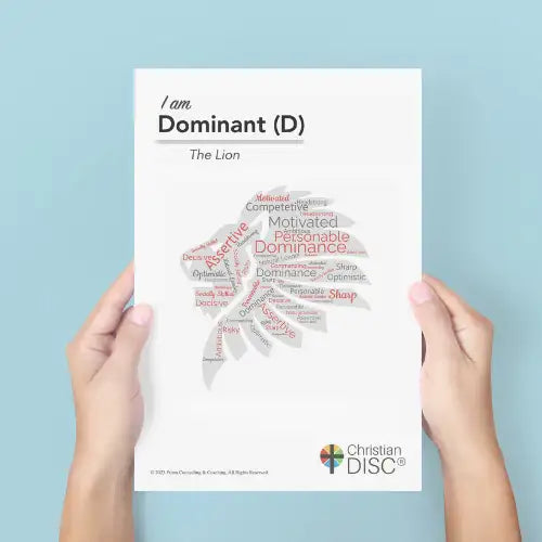 White paper poster featuring a lion-shaped word cloud in red and black text, labeled ’i am dominant (d) the lion’ with the christian disc logo at the bottom.