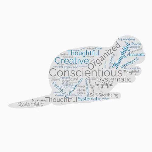 A white silhouette of a mouse shaped by words like ’conscientious,’ ’organized,’ and ’creative’ in varying shades of blue.